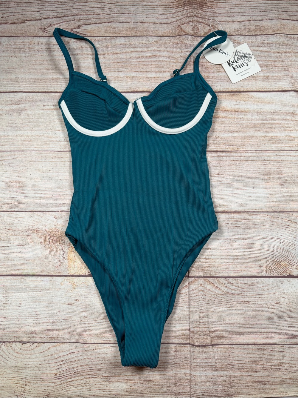 NWT Kulani Kinis Teal Underwire One-Piece Cactus Ribbed Swimsuit with White Trim